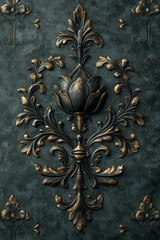 Abstract black and dark green vintage wallpaper texture with baroque floral elements