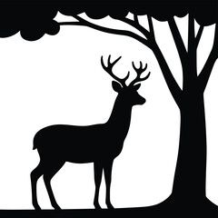 A silhouette of a deer standing under a tree with antlers visible in a simple black and white design