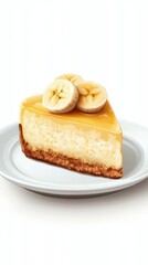 Delicious slice of banana cream cheesecake on a white plate with fresh banana slices on top