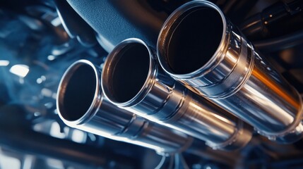 Naklejka premium Close-up of chrome exhaust pipes on a vehicle, showing intricate details and dark background