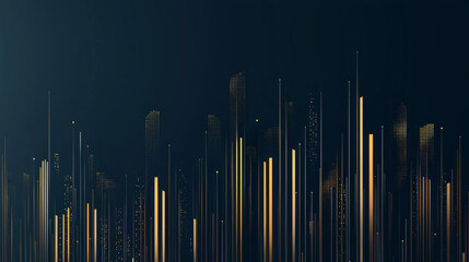 Abstract futuristic city skyline in flat design, navy blue and gold, minimalist silhouette