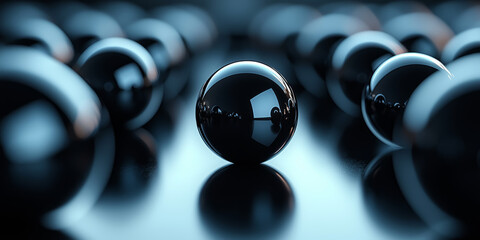 Abstract futuristic background with metallic spheres and smooth gradients on a dark minimalist surface