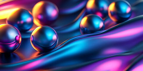 Abstract futuristic background with metallic spheres and smooth gradients on a dark minimalist surface