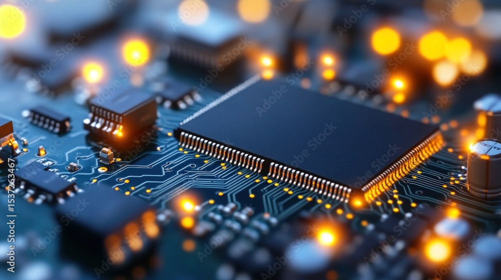 Poster circuit board with central processor close up electronic components technology and hardware