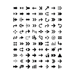 Comprehensive set of 70 bold black arrow icons with diverse styles for navigation and interface design