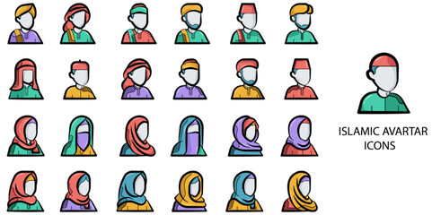 Islamic Avatar simple New concept 24 hand drawn color icons set .Vector illustration.	