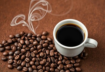 Naklejka premium Aromatic black coffee in a cup, alongside roasted coffee beans, on a brown background; coffee stream , morning coffee, drink