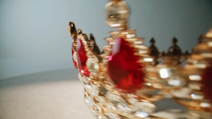 Macro noble crown rotating at white background. Decorated headpiece sparkling  - Powered by Adobe