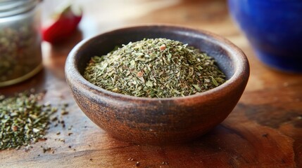 Close-up of herb spice blend in small bowl on wooden surface with other spices
