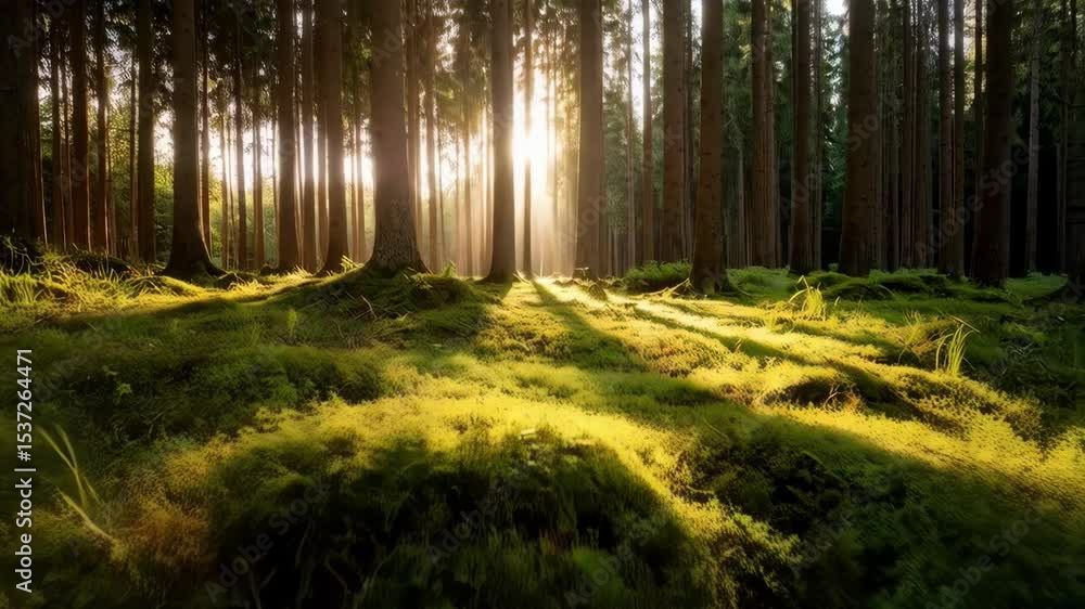 Poster sunlight streams through tall trees in a dense forest creating dappled shadows on a mossy forest flo