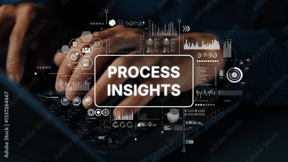 Poster person typing on keyboard with data visualization and process insights graphic displayed on screen. 
