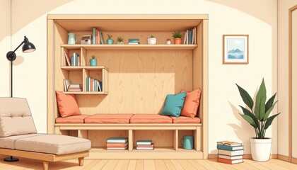 Cozy living room featuring foldable furniture decor ideas, wooden bookshelf, potted plant, warm natural light. Concept of foldable furniture decor ideas enhances interior design.