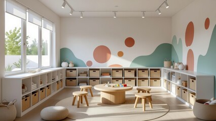 Bright kids playroom home design with pastel walls, natural light, wooden table, stools, shelves with books. Concept of kids playroom home design emphasizes inviting, cozy ambiance, interior appeal.