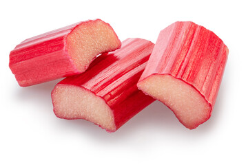 Three cuts of red rhubarb stem on white background. File contains clipping paths.