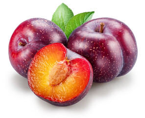 Ripe chinese plums with green leaf isolated on white background. File contains clipping paths.