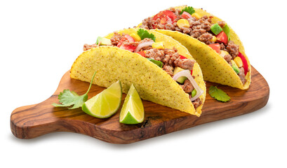 Mexican meat tacos or beef stuffed tortillas on wooden serving board. File contains clipping path.