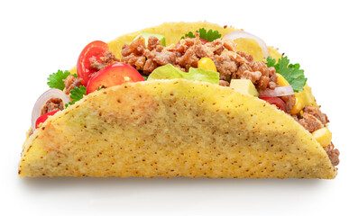 Mexican meat taco or beef stuffed tortilla isolated on white background. File contains clipping path.