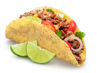 Mexican meat taco or beef stuffed tortilla with lime slice isolated on white background. File contains clipping path.
