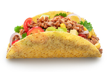 Mexican meat taco or beef stuffed tortilla isolated on white background. File contains clipping path.