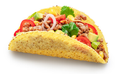 Mexican meat taco or beef stuffed tortilla isolated on white background. File contains clipping path.