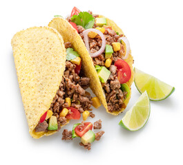 Mexican meat taco or beef stuffed tortilla isolated on white background. File contains clipping...