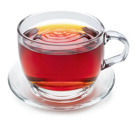 Glass cup of black tea on white background. File contains clipping path.