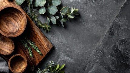 Beautiful wooden serving bowls are arranged with fresh herbs including rosemary and eucalyptus on a dark textured surface, creating a rustic kitchen aesthetic