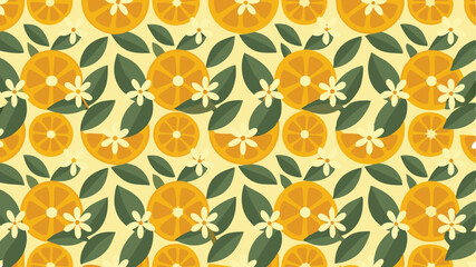 A repeating pattern of orange slices with green leaves and white flowers on a light yellow background design