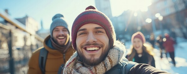 Smiling friends winter selfie urban adventure sunlight bright happy outdoors travel lifestyle