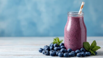 A refreshing blueberry smoothie is presented in a glass jar, surrounded by fresh blueberries and sprigs of mint. Soft blue background enhances the colorful drink