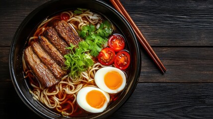 A tempting bowl of ramen features rich broth, tender slices of beef, and perfectly soft boiled eggs, topped with green herbs and vibrant cherry tomatoes, perfect for a comforting meal