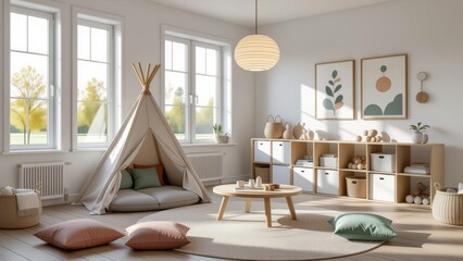 Bright, sunlit kids playroom home design with wooden floor, white walls, large windows, cozy teepee. Concept of kids playroom home design emphasizes warm, inviting interior style.