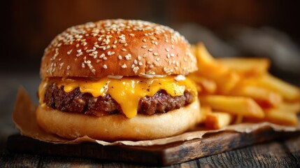 A mouthwatering cheeseburger topped with melted cheddar cheese rests on a sesame seed bun, accompanied by crispy fries. The setting features rustic wooden surfaces, creating a cozy dining atmosphere