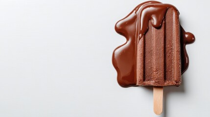 A chocolate ice cream bar rests on a white surface, slowly melting and pooling around it. The warm afternoon sun creates a tempting treat just waiting to be enjoyed