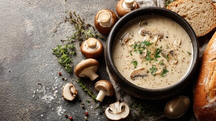 Freshly prepared creamy mushroom soup is served in a rustic bowl surrounded by mushrooms, herbs, and a slice of bread on a textured tabletop
