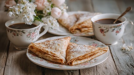 Homemade pancakes are neatly arranged on elegant plates next to cups of coffee. A beautiful bouquet of flowers adds charm to the cozy wooden table setting, creating a warm atmosphere