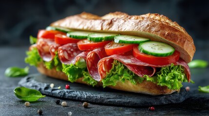 A delicious sandwich filled with layers of salami, fresh cucumber, and ripe tomato, placed on a dark stone surface. The crusty bread is complemented by crisp lettuce and spices