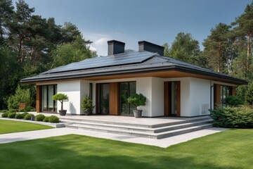 Modern white house with solar panels and landscaping