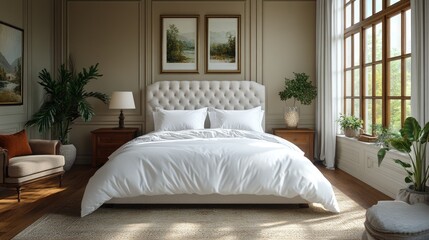 Elegant bedroom with large window, light beige walls, white bedding, and wooden furniture