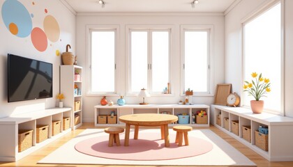 Bright sunlit kids playroom home design with white walls, large windows, round table, colorful decor. Concept of kids playroom home design emphasizing cozy interior atmosphere.