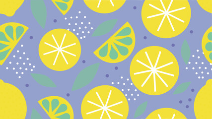 Illustration of a repeating pattern with yellow lemons, lemon slices, green leaves, and dots on a blue background