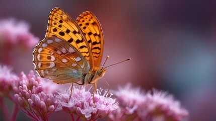A vibrant butterfly with orange and black patterns rests on blooming pink flowers in a lush garden. The soft afternoon light highlights their beauty