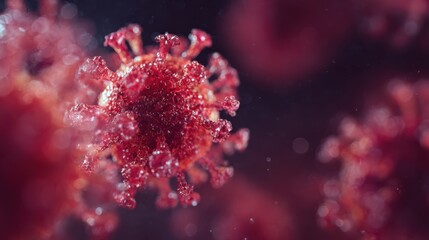 This close-up captures a detailed view of a virus displaying its spike proteins and cellular structure. The vivid colors emphasize its intricate design, highlighting biological features