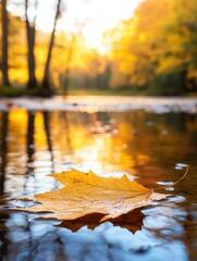 Autumn leaf floating on river water in sunlight fall season nature landscape