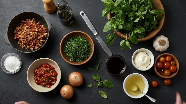 Overhead View of Assorted Fresh Ingredients for Cooking Preparation on Dark Surface