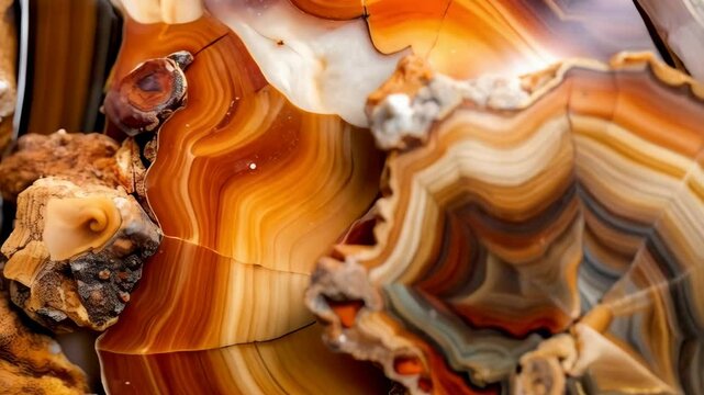 Beautiful close-up of banded brown and orange agate slices showing natural patterns and formations in mineralogy