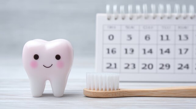 A cheerful tooth figurine with a smiling face sits next to a wooden toothbrush and a calendar displaying dates for dental appointments and reminders about oral hygiene