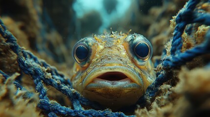 Close-up of surprised fish in tangled plastic debris underwater