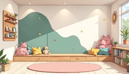 Cozy kids playroom home design with pastel green walls, large window, pink bears on bench, and colorful pillows. Concept of kids playroom home design with warm interior elements.