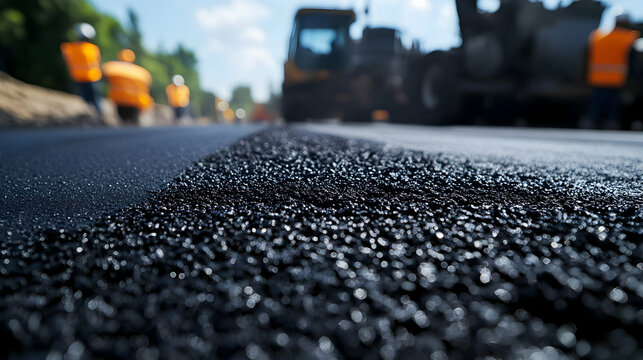 Close-up of fresh asphalt on road with construction workers in background - Powered by Adobe